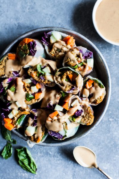 Asian Burger Summer Rolls with Spicy Hoisin Peanut Dipping Sauce