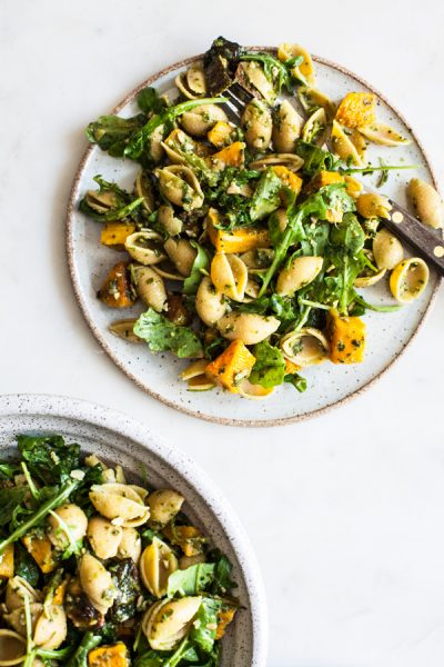 Roasted Butternut Squash, Zucchini & Arugula Pesto Pasta Salad