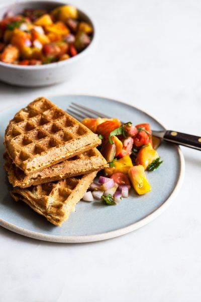 Crispy Vegan Cornmeal Waffles with Heirloom Tomato Peach Salsa