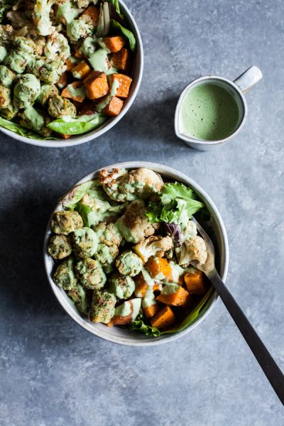 Roasted Vegetable & Kale Puff Nourish Bowls with Creamy Hemp Herb Dressing