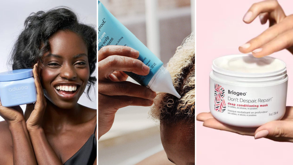 a woman holds up a hair mask, a woman applies a mask to her scalp, and a person dips mask out of a jar.