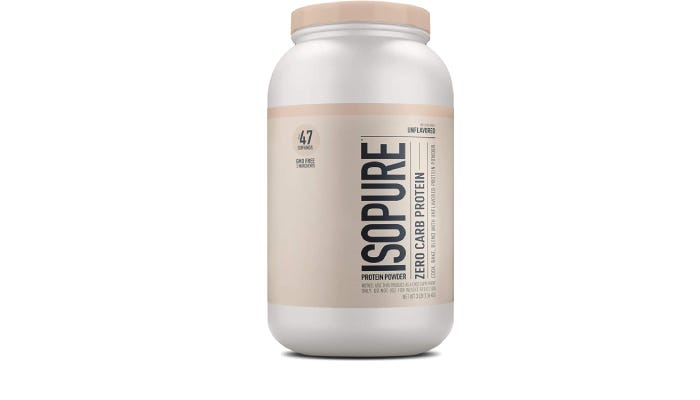 A tall and thin container of Isopure protein powder