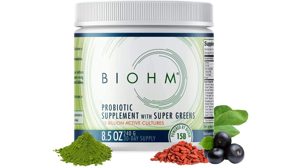 smaller container of Biohm superfood powder that has probiotics