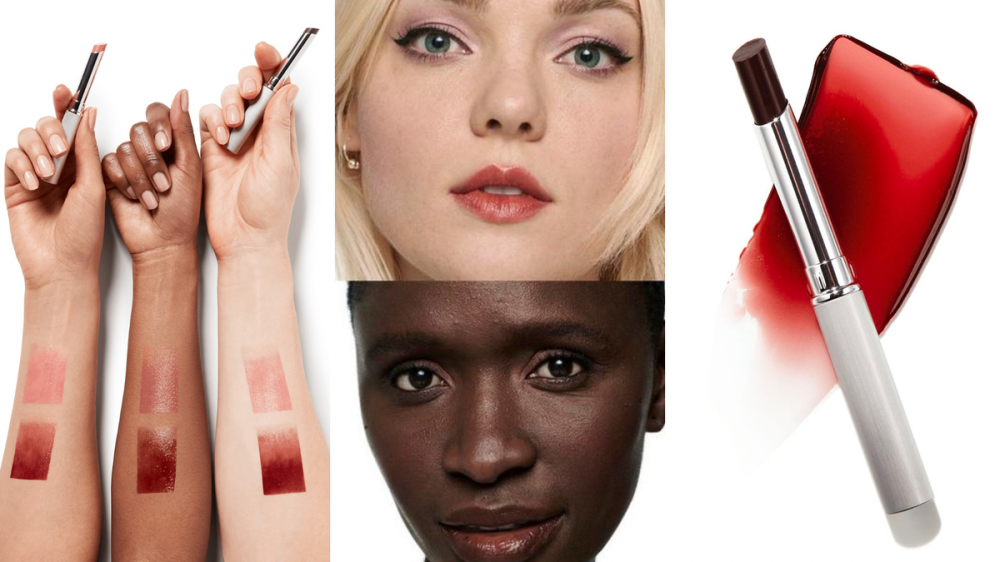 Three people with different skin tones have swatches of lipstick on their arms, two people wear lipstick, and a tub of lipstick is in front of a swatch of the product.