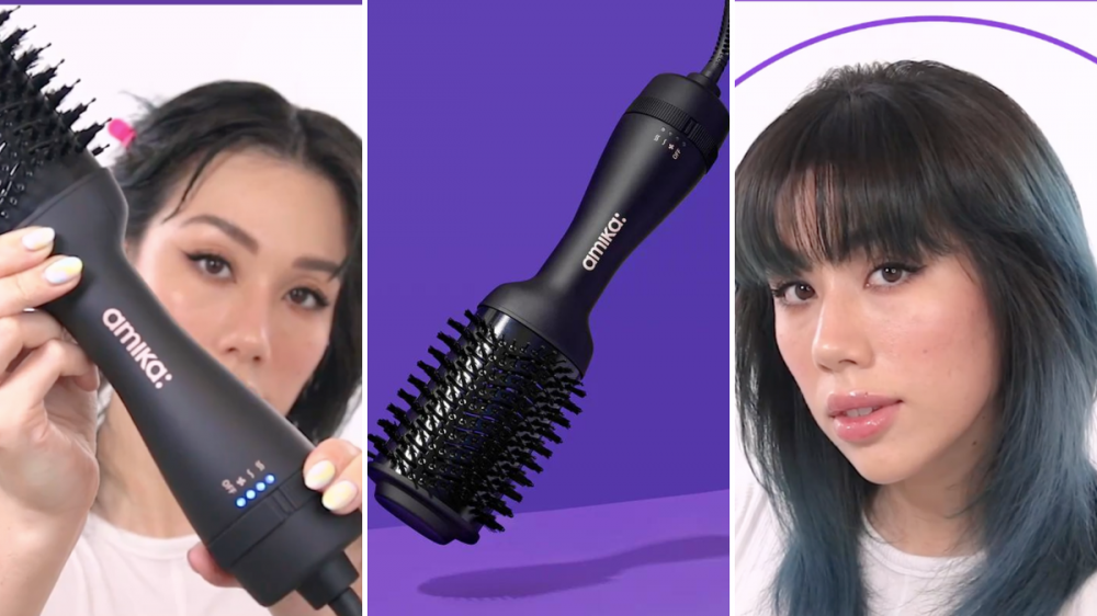 A woman holds up a blow dryer brush, a blow dryer brush is suspended in the air, and a woman has a finished blowout.