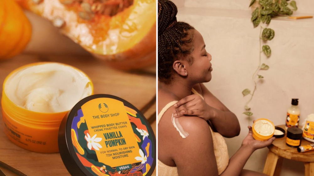 A tub of body butter sits on a wooden counter, and a woman applies body butter.