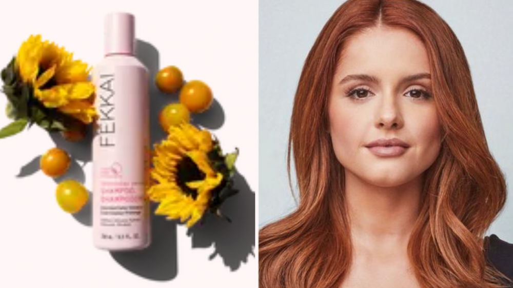 A bottle of shampoo sits in between sunflowers, and a woman has her hair styled in waves.