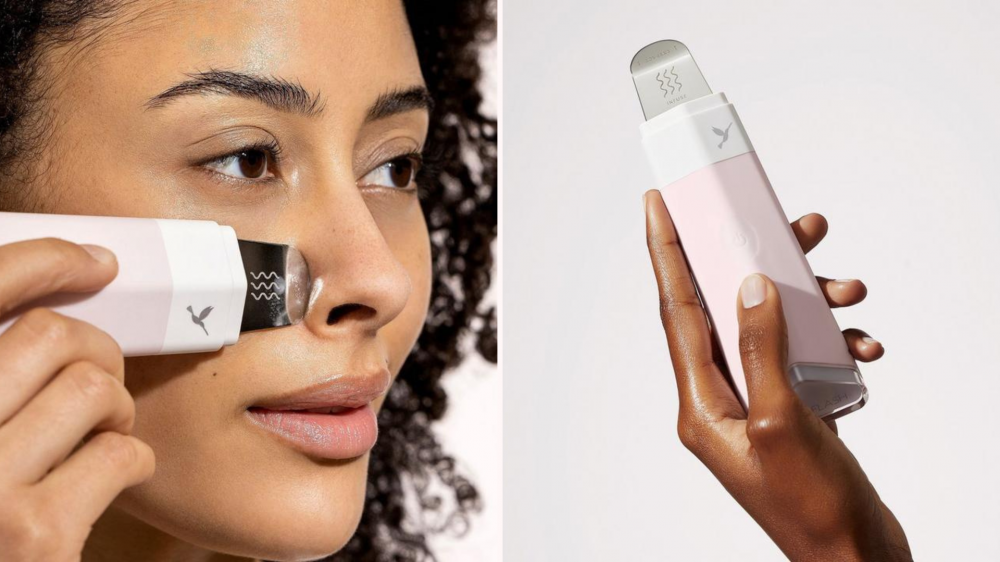 A woman uses a pore-clearing tool along the side of her nose, and a person holds up a pore cleaning tool.