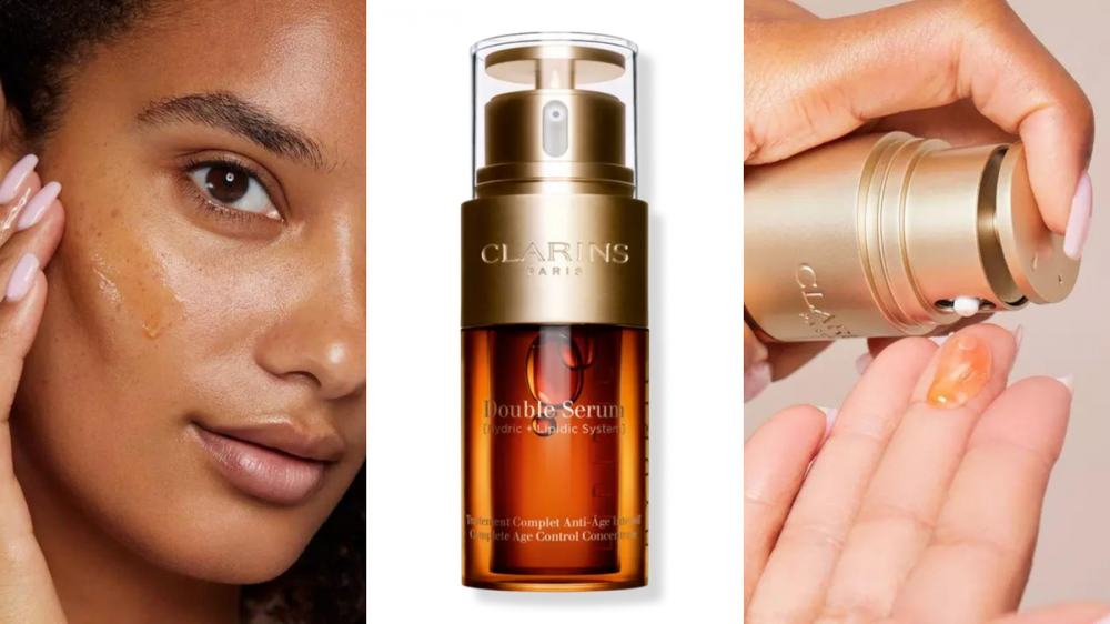 A woman applies Clarins double serum, a bottle of Clarins Double Serum, and a person pumps Clarins double serum onto their hand.