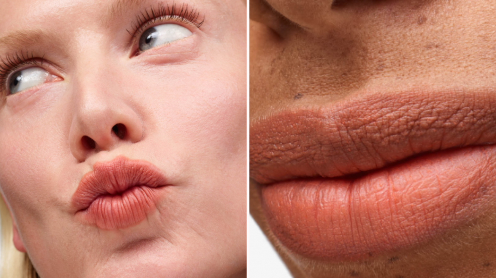 Two people model Glossier Generation G Sheer Matte in Subtle Peach