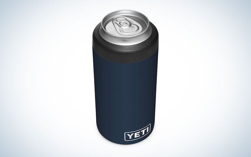 A navy Yeti Rambler 16 oz. tall can insulator on a plain balckground